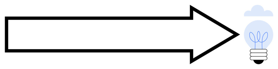 Black outline arrow leading to light bulb containing plant sprout under light cloud. Ideal for growth, innovation, direction, focus, problem-solving, creativity, sustainability. Simple flat metaphor