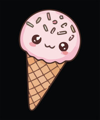 Cute Cartoon Pink Ice Cream Cone with Sprinkles on Black Background