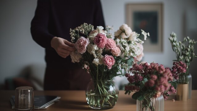 Scandinavian Floral Living Room Home Decor realistic photography of interior designer arranging fresh flowers in a minimalist Nordic living room