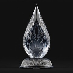 Clear teardrop-shaped award, intricate etched design