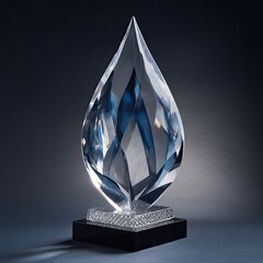 Clear teardrop-shaped crystal sculpture on black base