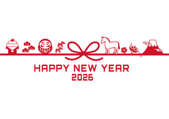 年賀状2026 　水引きとウマと縁起物のシンプルなイラスト　水引き　午年　素材,富士山,ダルマ,鏡餅,松竹梅,テンプレート