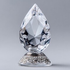 Clear teardrop-shaped crystal ornament on a decorative base