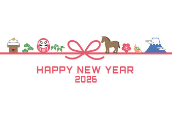 Fototapeta premium 年賀状2026 水引きとウマと縁起物のシンプルなイラスト 水引き 午年 素材,富士山,ダルマ,鏡餅,松竹梅,テンプレート