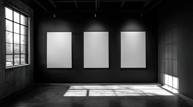 Empty gallery space, three blank canvases, dark walls, industrial style
