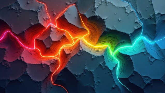 Vibrant digital artwork displaying a textured surface with a network of glowing, colorful lines weaving through the abstract and intriguing landscape, creating an energetic and dynamic composition.