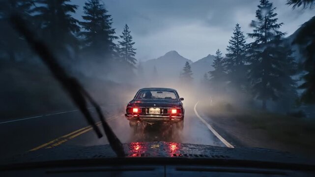 A car drives on a rain-slicked road through a foggy forest, with another car ahead