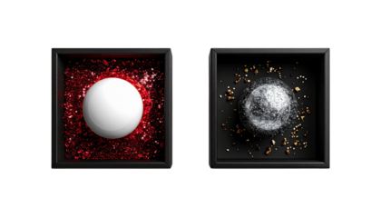 Black box with white sphere and red glitter alongside glossy black cube with silver sphere and scattered gold glitter, isolated on transparent background