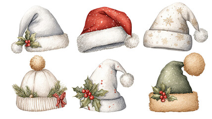 Six Santa and elf hats PNG clipart high resolution transparent set with holly and winter patterns for Christmas designs cards stickers and festive projects