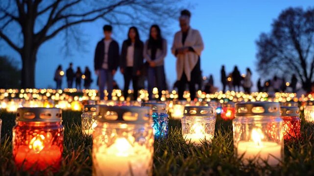 Low angle twilight view of glowing candlelit jars on grass with blurred people and trees