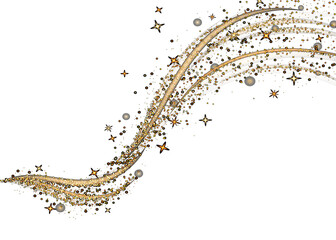 Golden sparkling light trails flowing and swirling across a dark black background creating a magical and festive abstract celebratory effect with shimmering particles and glowing energy