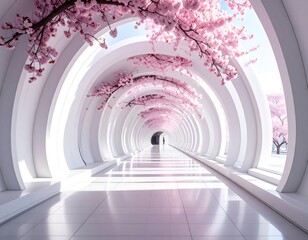 Obraz premium Architectural hallway leading towards light, framed by blossoming cherry trees