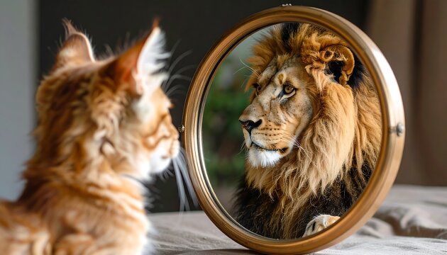 Cat Sees Lion Reflection Dreams of Greatness with SelfPerception, and and Confidence.