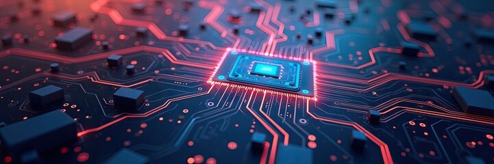Detailed shot showcases a futuristic, high-tech electronic circuit board illuminated with vibrant red and blue lights, focusing on a central processing unit, providing a sense of modern technology.