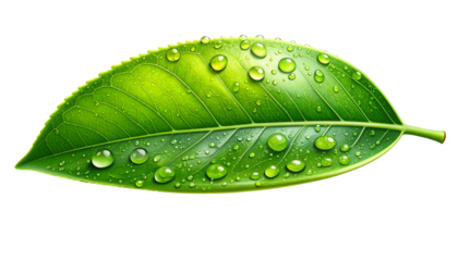 Dew-kissed bright green leaf paired with glossy leaf showing sparkling water droplets, isolated on transparent background