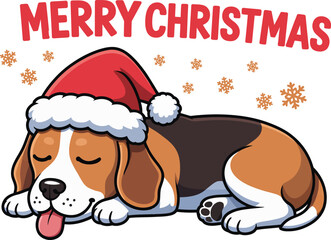Adorable sleeping beagle dog wearing santa hat with merry christmas text and snowflakes festive holiday pet art for christmas season celebration