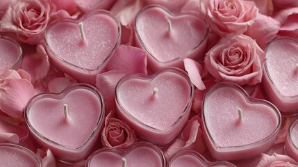 A bunch of pink candles in heart shapes are arranged on a table