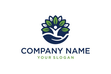 Human Figure Tree Logo in Supporting Hand with Green Leaves for Wellness and Nature