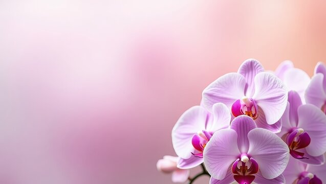 of a delicate orchid arrangement with soft lilac petals, contrasted against a dreamy, blurred background of pink and peach hues, highlighting the natural beauty and elegant floral design.
