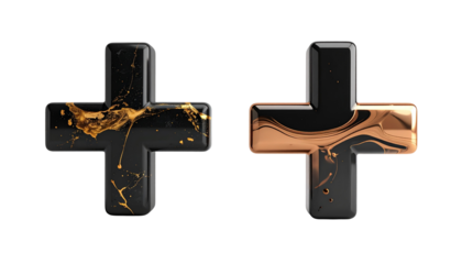 Matte black plus with flowing gold fissures and glossy onyx plus with liquid bronze highlights, isolated on transparent background