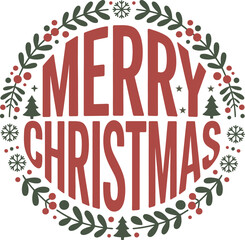 Festive merry christmas circular wreath design with red text and evergreen foliage and berries for holiday season greeting cards