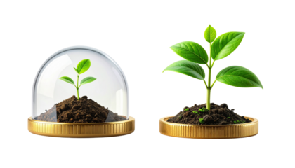 Green sprout on golden coin under glass dome variations isolated on transparent background