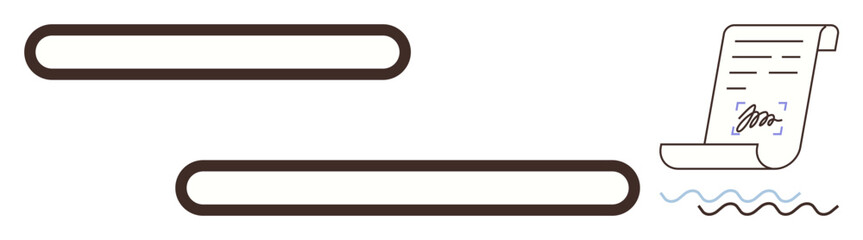 Rolled paper with penned signature and wavy lines beside progress bars. Ideal for authentication, agreement, paperwork, security, approval, legal, electronic records. Simple flat metaphor
