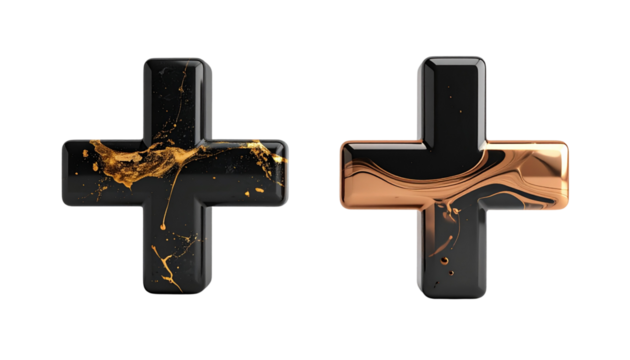 Matte black plus with flowing gold fissures and glossy onyx plus with liquid bronze highlights, isolated on transparent background