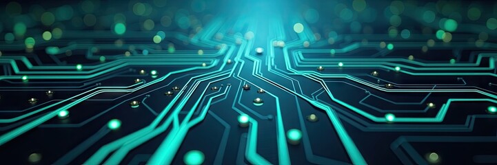 Illuminated circuit board with glowing teal pathways and spherical highlights, creating a futuristic technological aesthetic with a shallow depth of field, showcasing interconnected digital...