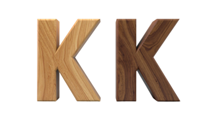 Pair of decorative wooden letter K figures with natural texture, isolated on transparent background