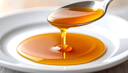 Macro close-up of golden caramel syrup dripping from spoon onto white plate
