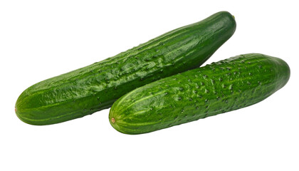 Pair of fresh green cucumbers with textured bumpy skin, isolated on transparent background