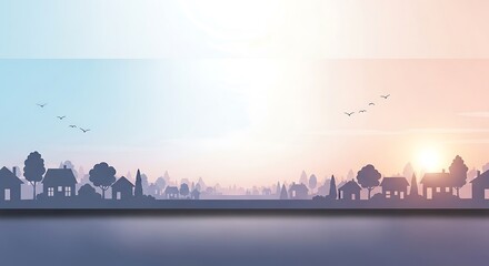 Obraz premium Serene Landscape Tranquil Silhouette of a Village at Dawn or Dusk under a Soothing Sky