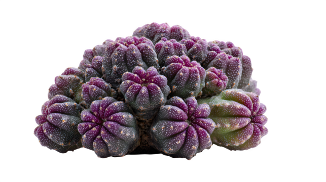 Closeup of a vibrant purple cactus with white speckles showcasing its unique texture and form against a stark in a studio setting