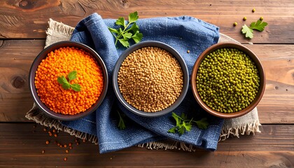 Colorful lentils in bowls on a wooden table with healthy vegan food ingredients.