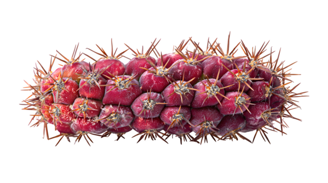 Closeup of a vibrant red cactus with sharp brown spines against a showcasing its unique texture and botanical beauty