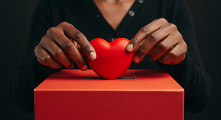 charity, love and valentine's day concept - close up of hands putting red heart into donation box