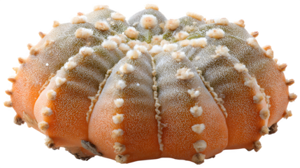 Closeup of an astrophytum ornatum cactus showcasing its ribbed structure woolly areoles and speckled pattern against a