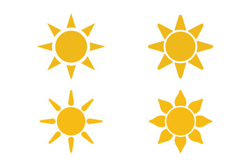 Four stylized sun graphics bright yellow and orange rays energetic light orbs isolated on white background