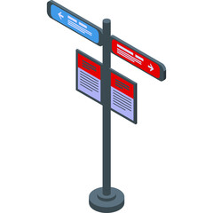 Isometric signpost with blue and red directional signs and informational panels on a transparent background graphic design