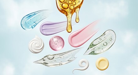 Assortment of Gel, Cream, and Oil Textures Floating on Blue Sky Background