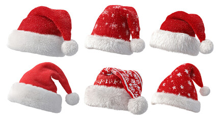 Set of four red Santa hats with white fur trim high resolution transparent PNG clipart isolated on white for Christmas designs cards stickers overlays and festive crafts