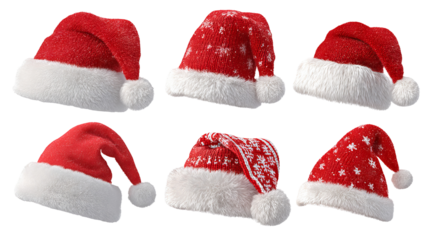 Set of four red Santa hats with white fur trim high resolution transparent PNG clipart isolated on white for Christmas designs cards stickers overlays and festive crafts