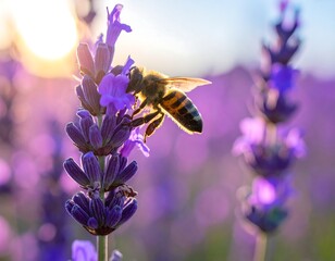 Bee gathering nectar from a lavender flower in warm sunlight