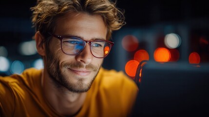 Engaged young man with glasses smiles while concentrating on a laptop screen, reflecting vibrant digital data in his eyes, perfect for tech and innovation themes.