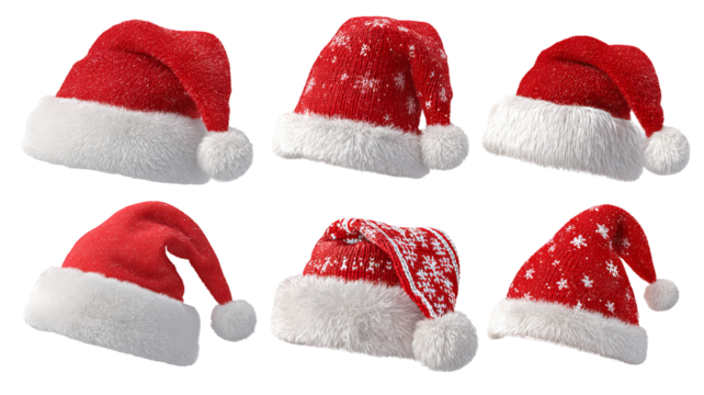 Set of four red Santa hats with white fur trim high resolution transparent PNG clipart isolated on white for Christmas designs cards stickers overlays and festive crafts