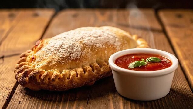hot fresh calzone with marinara sauce on rustic wood