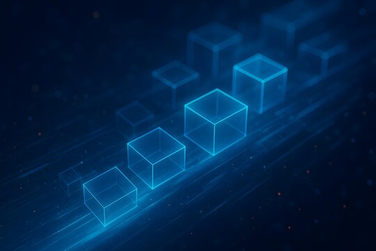 Abstract blue neon cubes floating forward symbolize digital growth progress and scalable solutions