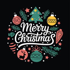 Festive merry christmas illustration with ornaments trees stars and pine sprigs creating a whimsical holiday wreath design