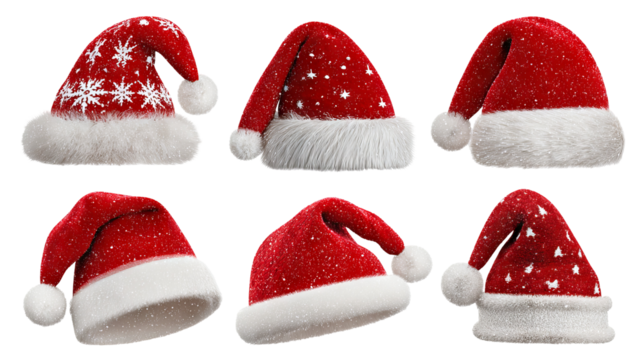 Festive red Santa hats set, high resolution transparent PNG clipart with varied shapes and textures for Christmas designs cards invitations print on demand
 - Powered by Adobe